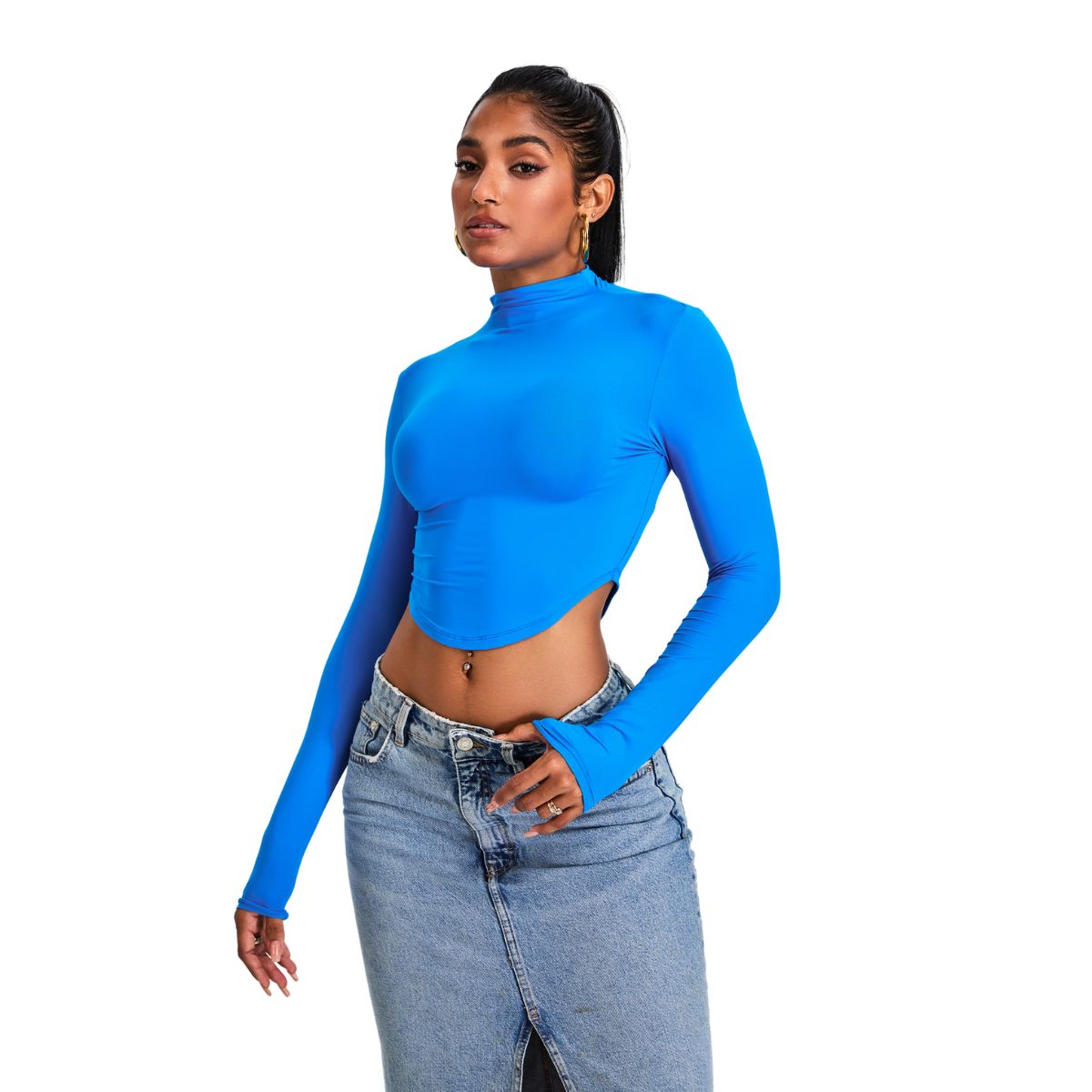Mock Neck Curved-Hem Long-Sleeve Top