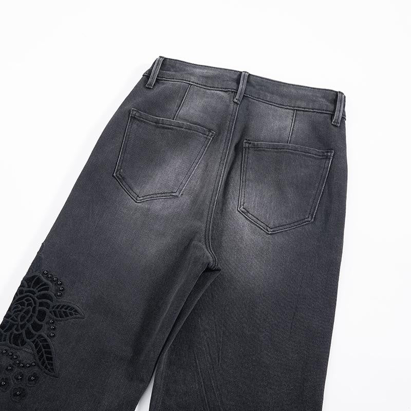 Risen Jeans Pearl-Embellished Floral-Embroidered Whisker Jeans