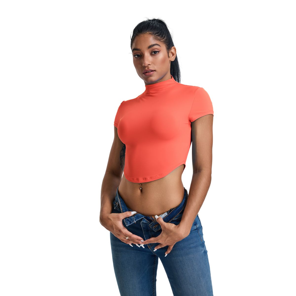 Mock Neck Curved-Hem Crop Tee