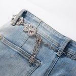 Raw-Edge Hem Heavily Embroidered Denim Skirt