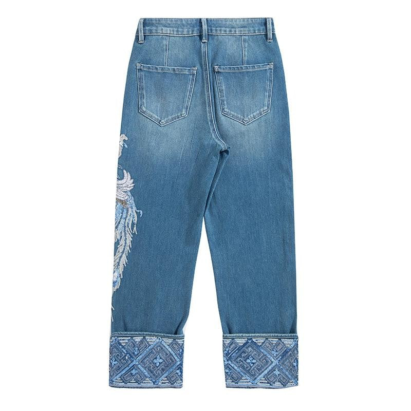 Risen Jeans Phoenix-Embroidered Sequin Tapered Ankle Jeans
