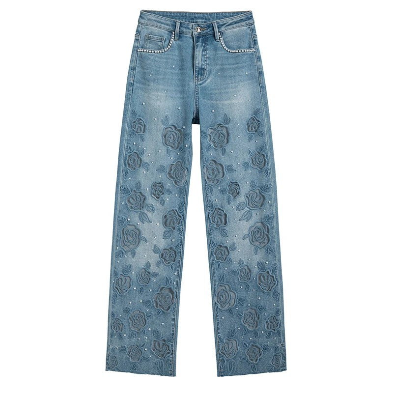 Risen Jeans Rose Embroidered Lace-Cut Jeans with Pearl Beading