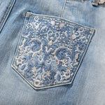 Raw-Edge Hem Heavily Embroidered Denim Skirt