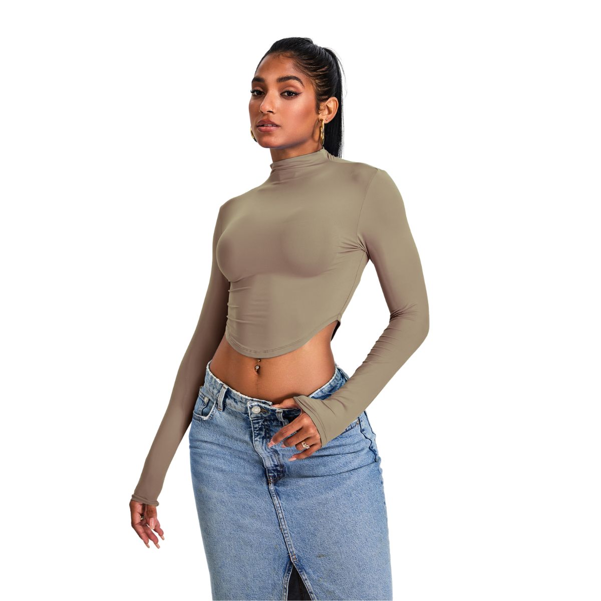 Mock Neck Curved-Hem Long-Sleeve Top