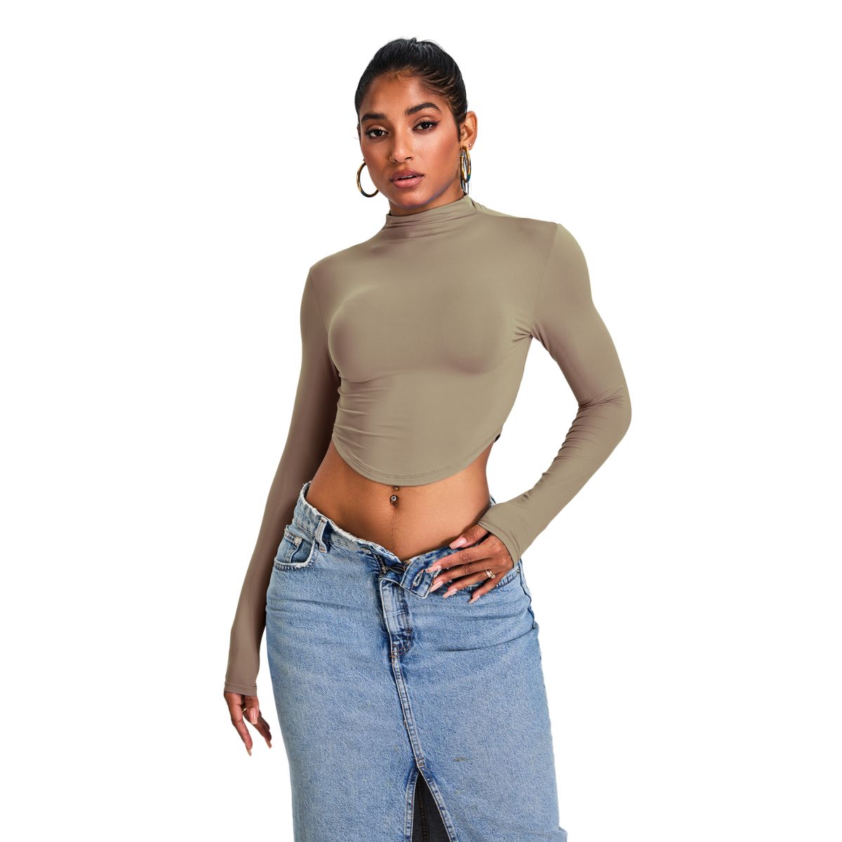 Mock Neck Curved-Hem Long-Sleeve Top