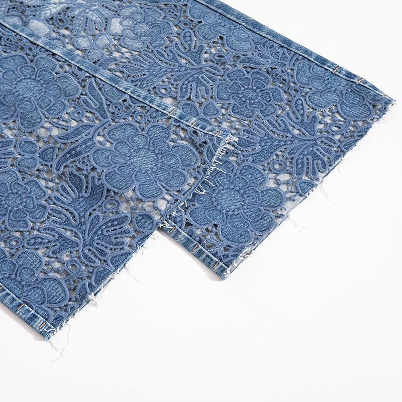 Risen Jeans Raw Hem Floral Lace-Cut Jeans with Rhinestones