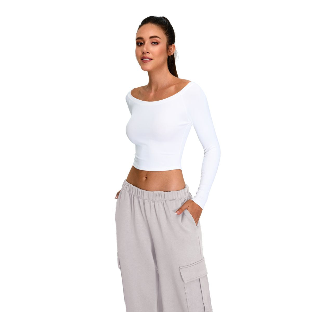 Off-Shoulder Seamless Long-Sleeve Crop Tee