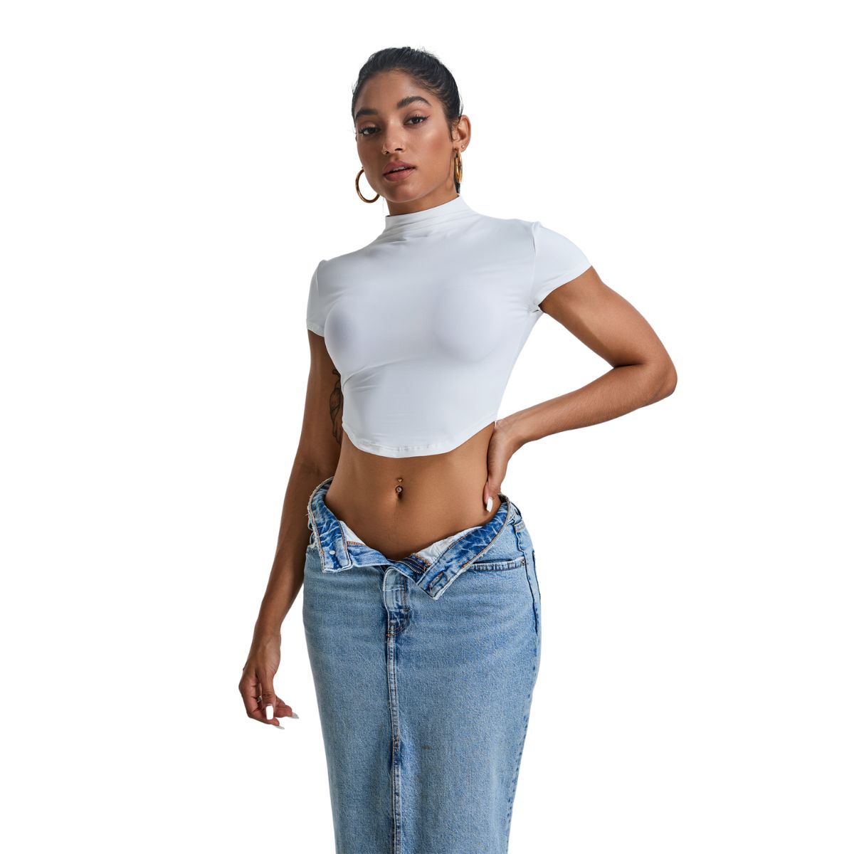 Mock Neck Curved-Hem Crop Tee