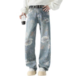 Floral Print Washed Straight Leg Jeans