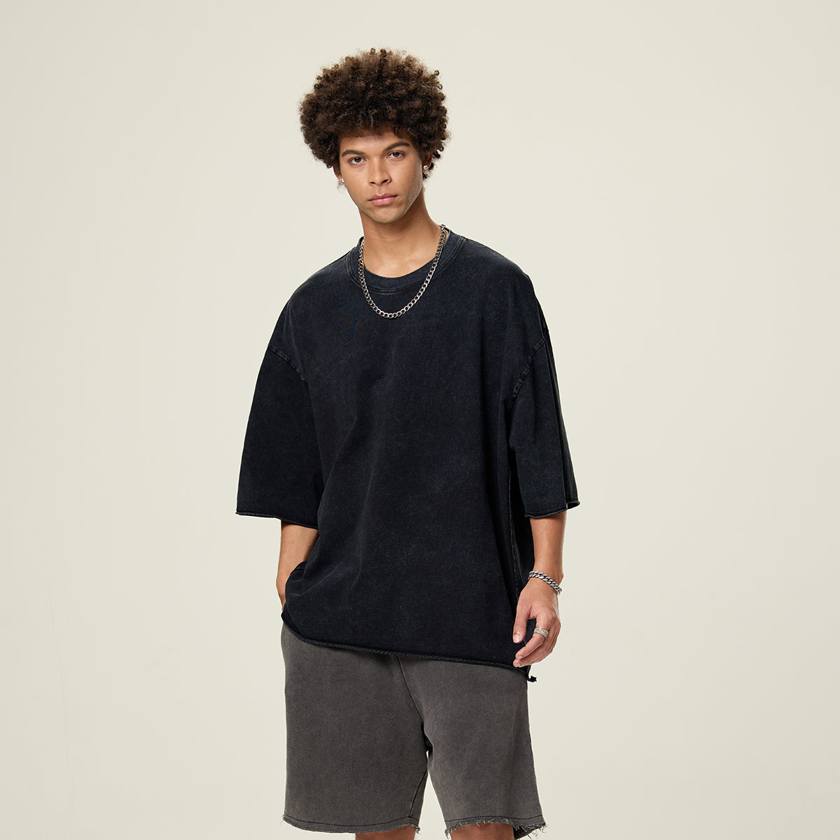 Patchwork Asymmetrical Hem T Shirt 7.8oz