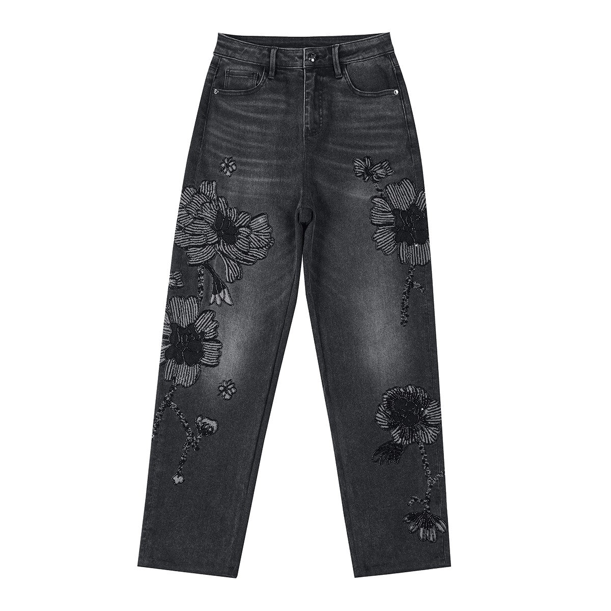 Risen Jeans Sequined & Beaded Floral Embroidery Tapered Ankle Jeans