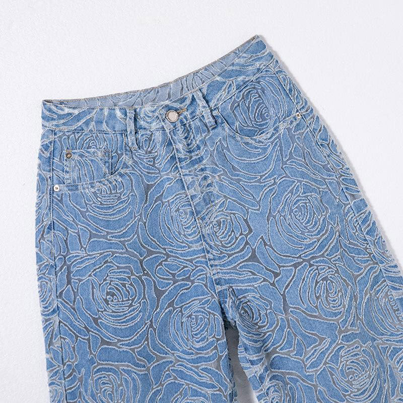 Floral Lace-Cut Cropped Denim Pants