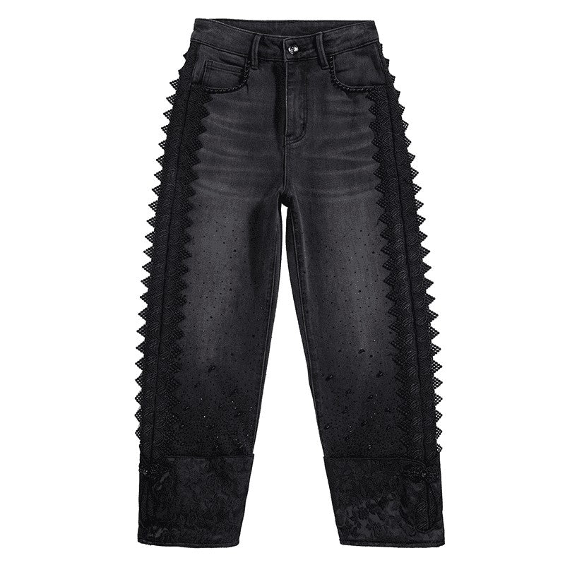 Risen Jeans Rhinestones & Pearls Embroidery Patchwork Ankle Jeans