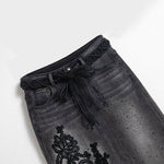 Embroidered & Rhinestone-Transferred Denim Skirt