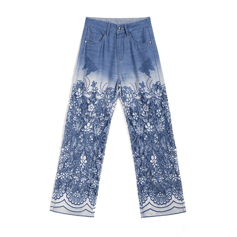 Risen Jeans Butterfly Floral Embroidered Cut-Outs Ombré Jeans