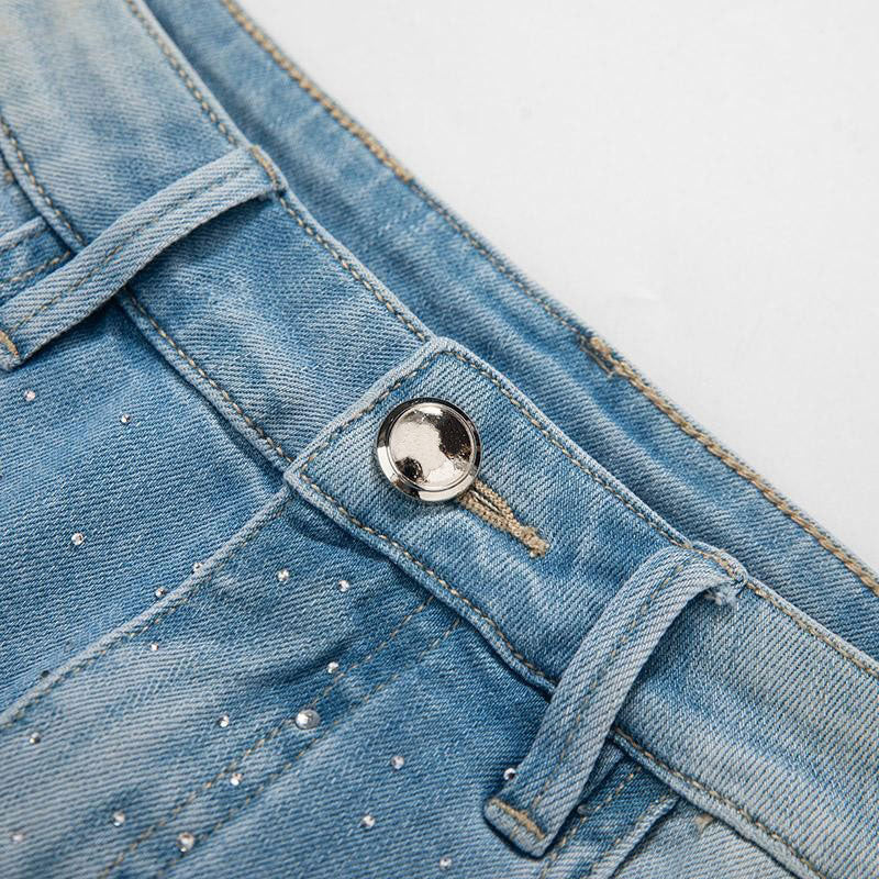 Heavy-Embroidered Rhinestone Denim A-Line Skirt