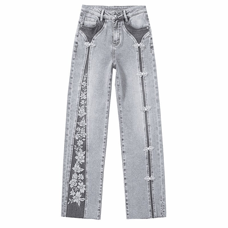 Risen Jeans Patchwork Pearl-Frog Closure Embroidered Jeans