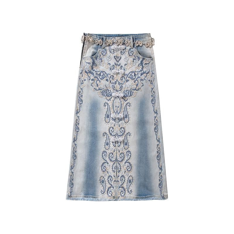 Raw-Edge Hem Heavily Embroidered Denim Skirt