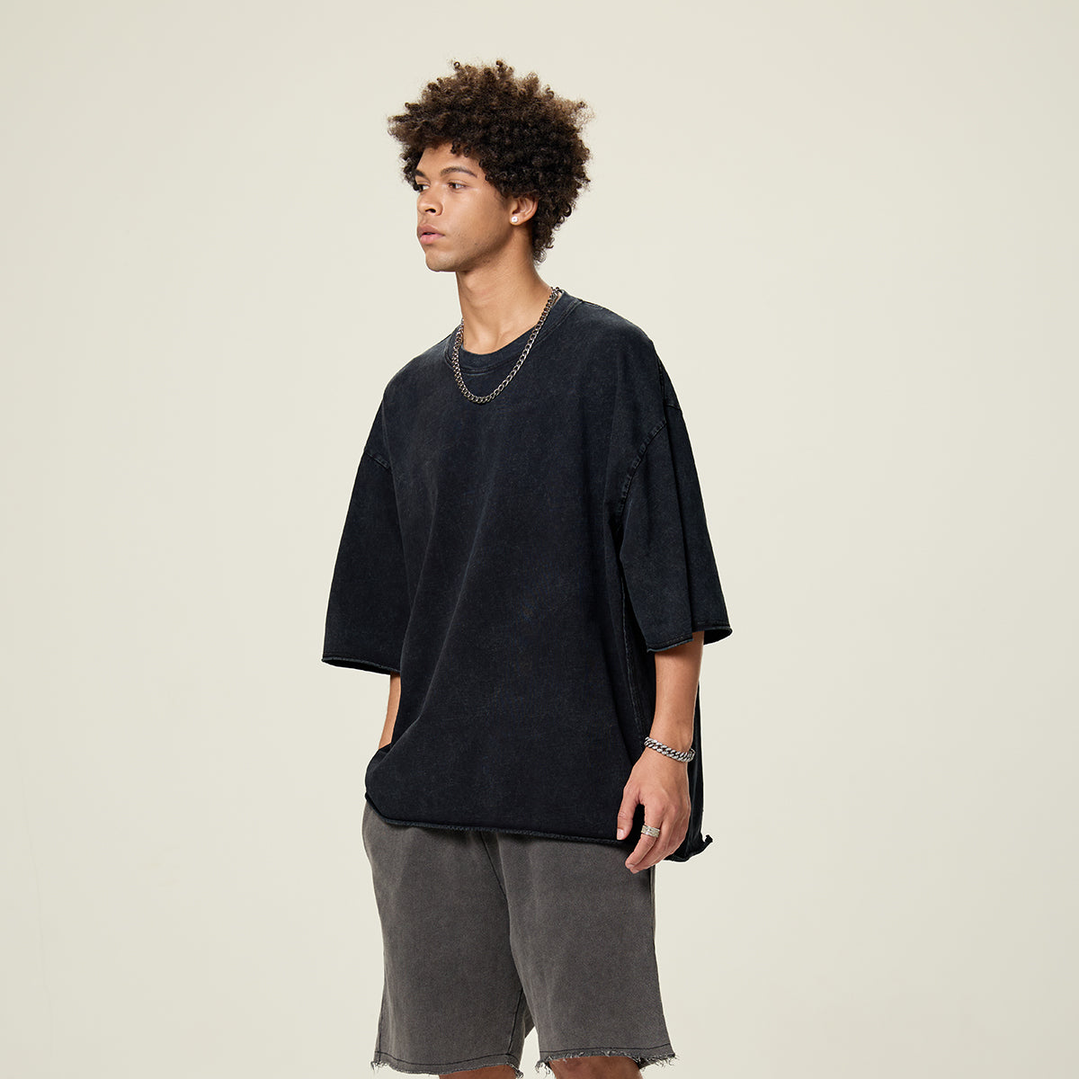 Patchwork Asymmetrical Hem T Shirt 7.8oz