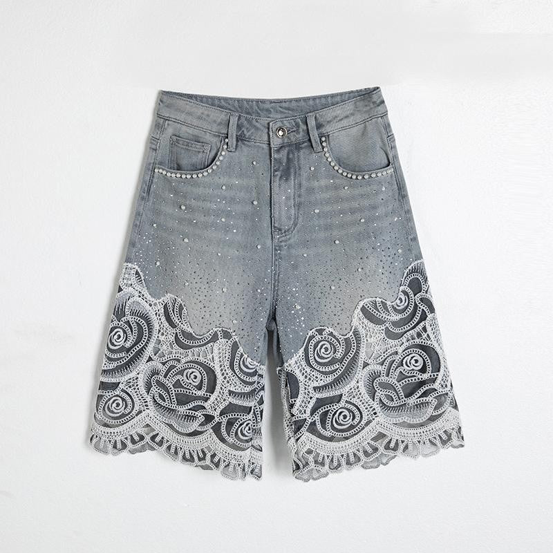 Pearl & Rhinestone Lace-Cut Denim Shorts