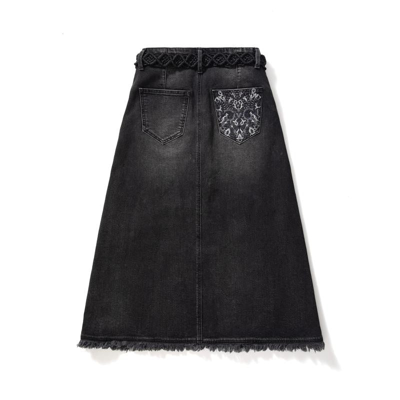 Raw-Edge Hem Heavily Embroidered Denim Skirt