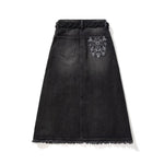 Raw-Edge Hem Heavily Embroidered Denim Skirt