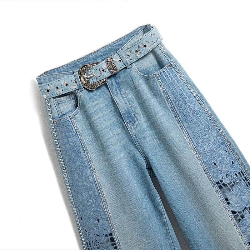 Risen Jeans Wide-Leg Rhinestone & Embroidered Cut-Out Jeans