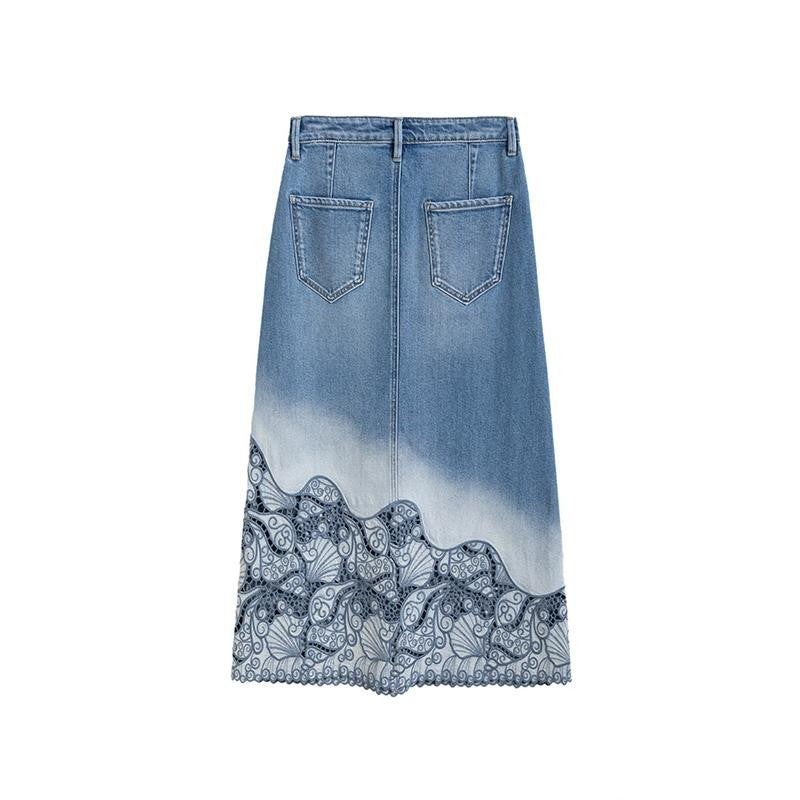 Embroidered Patchwork Cut-Out Denim Skirt
