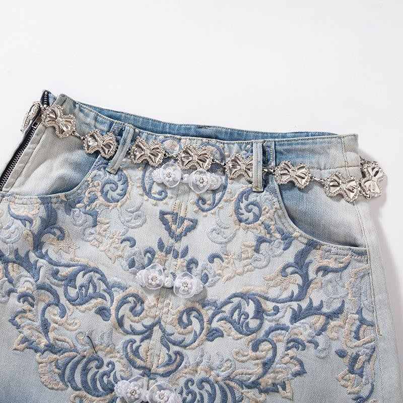 Raw-Edge Hem Heavily Embroidered Denim Skirt