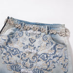 Raw-Edge Hem Heavily Embroidered Denim Skirt