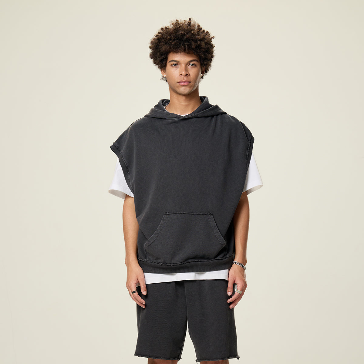 Raw Edge Sleeveless Boxy Hoodie