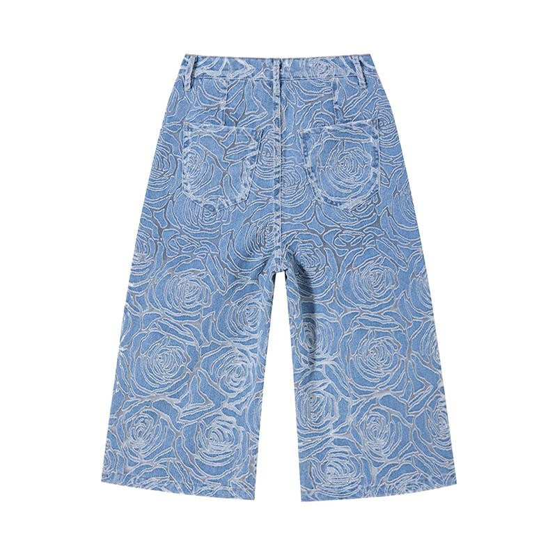 Floral Lace-Cut Cropped Denim Pants