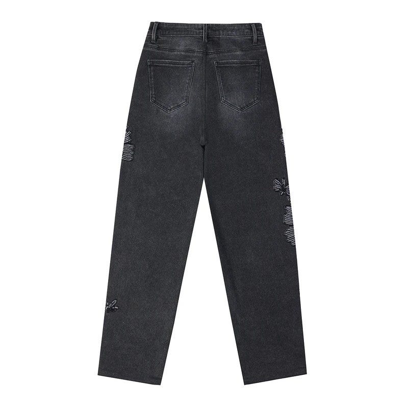 Risen Jeans Sequined & Beaded Floral Embroidery Tapered Ankle Jeans