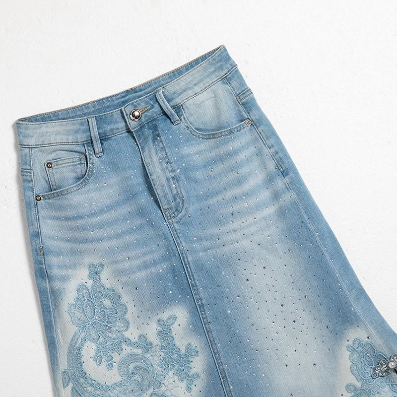 Heavy-Embroidered Rhinestone Denim A-Line Skirt