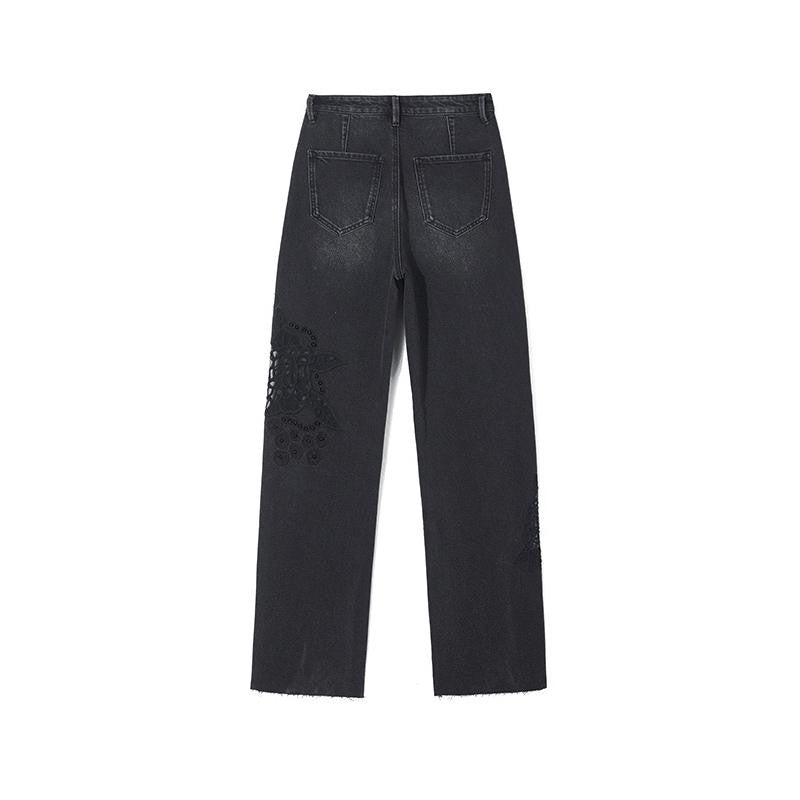 Risen Jeans Pearl-Embellished Embroidery Cut-Out Whisker Jeans