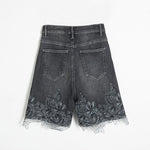 Asymmetric Heavy Embroidered Denim Shorts