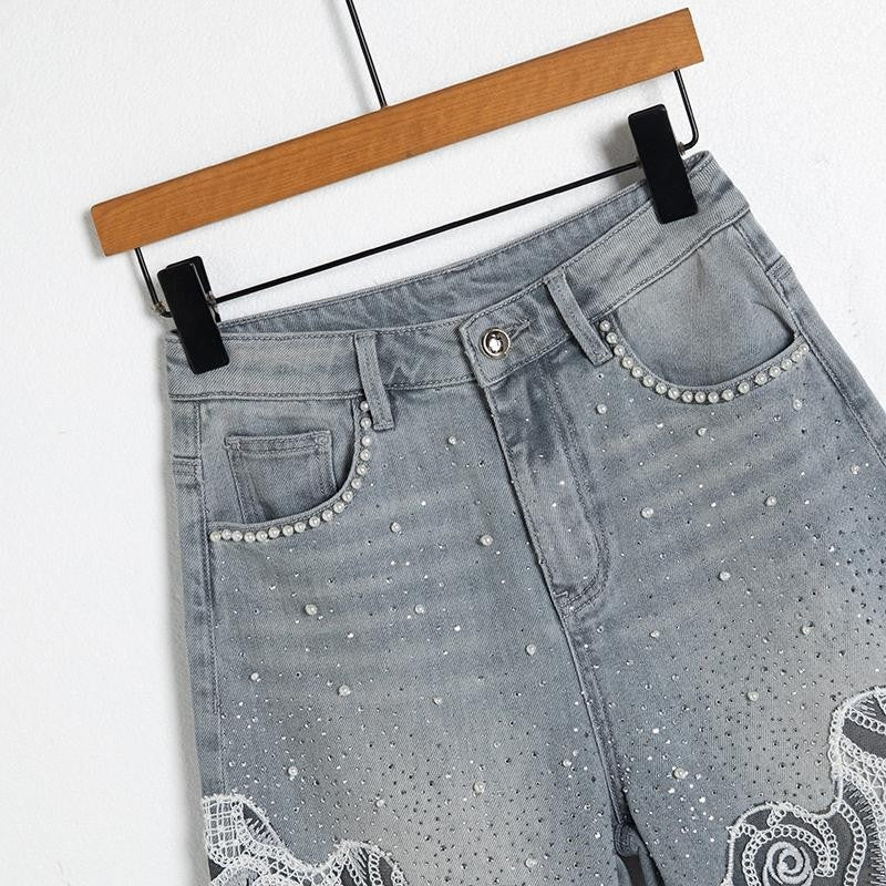 Pearl & Rhinestone Lace-Cut Denim Shorts