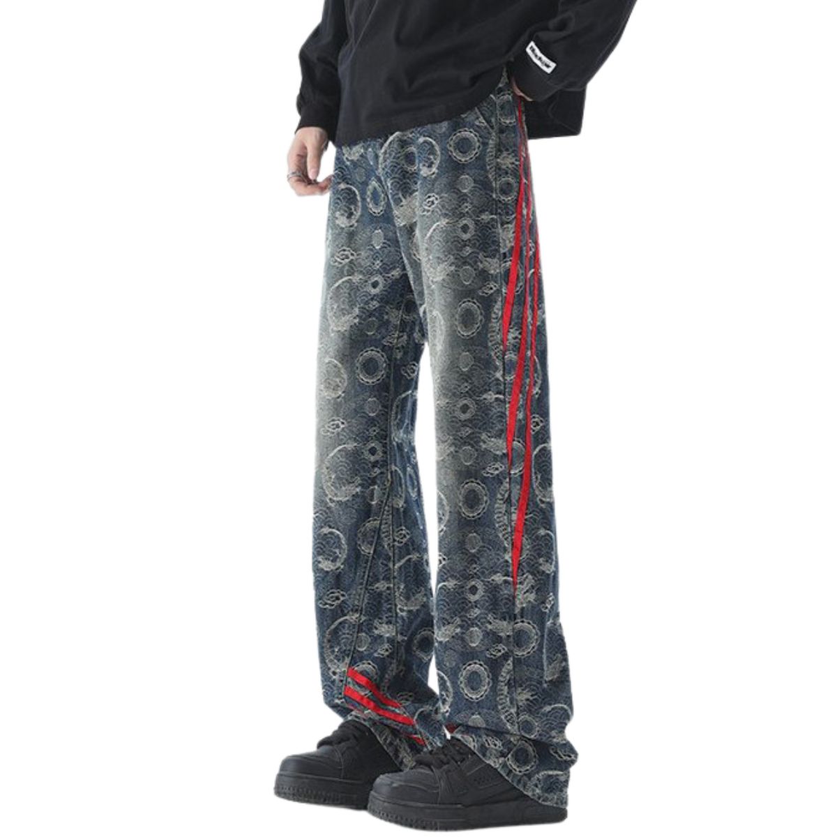 Side Stripe Jacquard-Print Wide-Leg Jeans