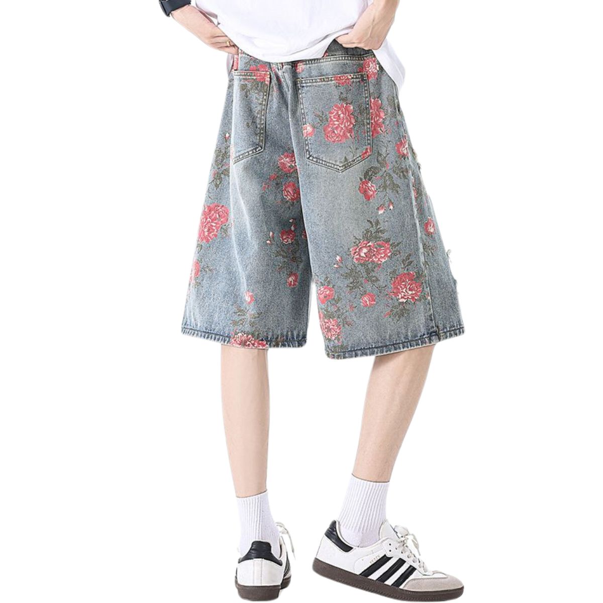 Bermudas vaqueras rasgadas con estampado floral