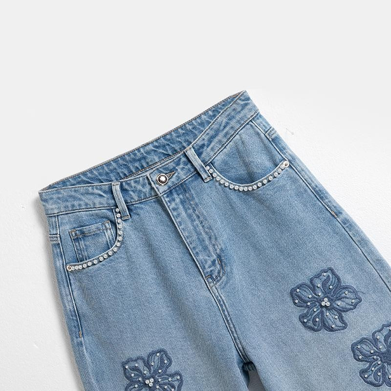 Risen Jeans Floral Embroidered Pearl-Beaded Cut-Out Jeans
