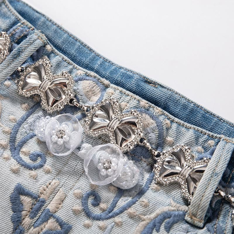 Raw-Edge Hem Heavily Embroidered Denim Skirt