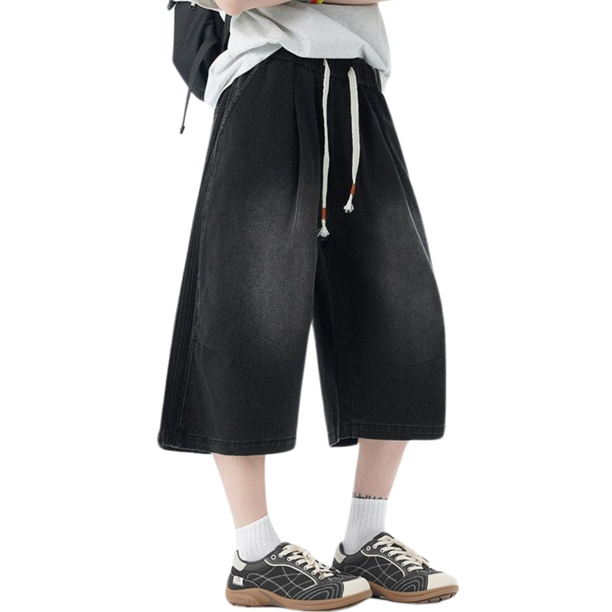 Pantalones vaqueros cortos lavados con cintura con cordón