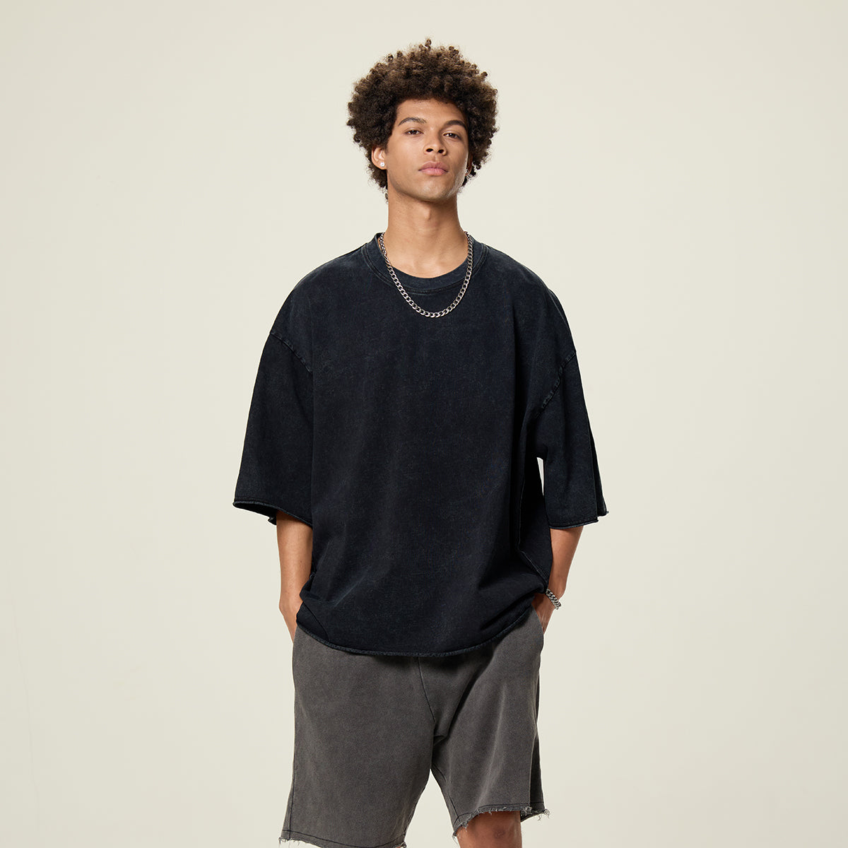 Patchwork Asymmetrical Hem T Shirt 7.8oz