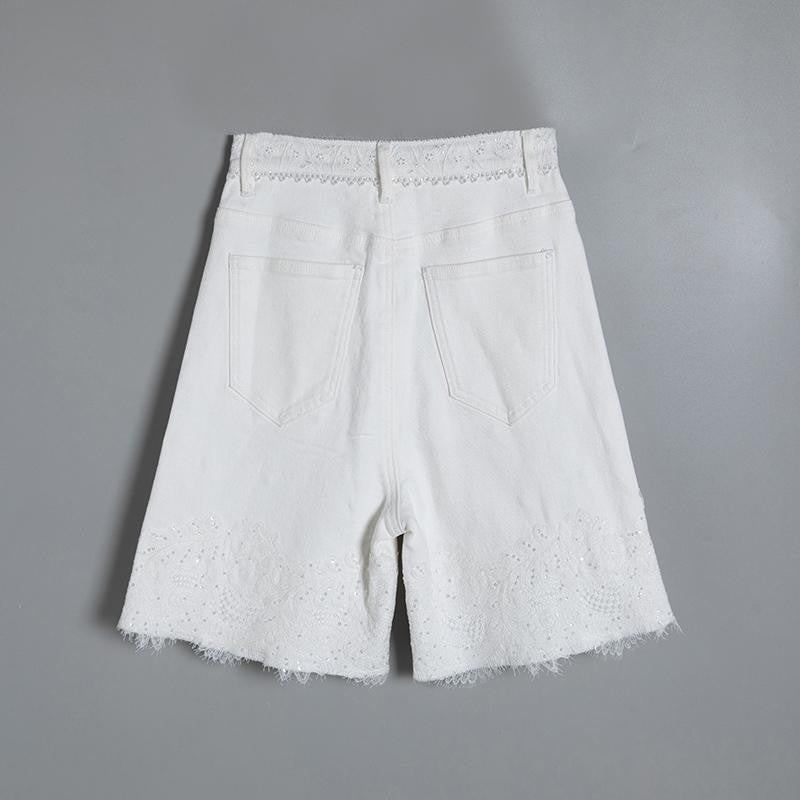 Pearl-embellished Embroidered Butterfly Denim Shorts