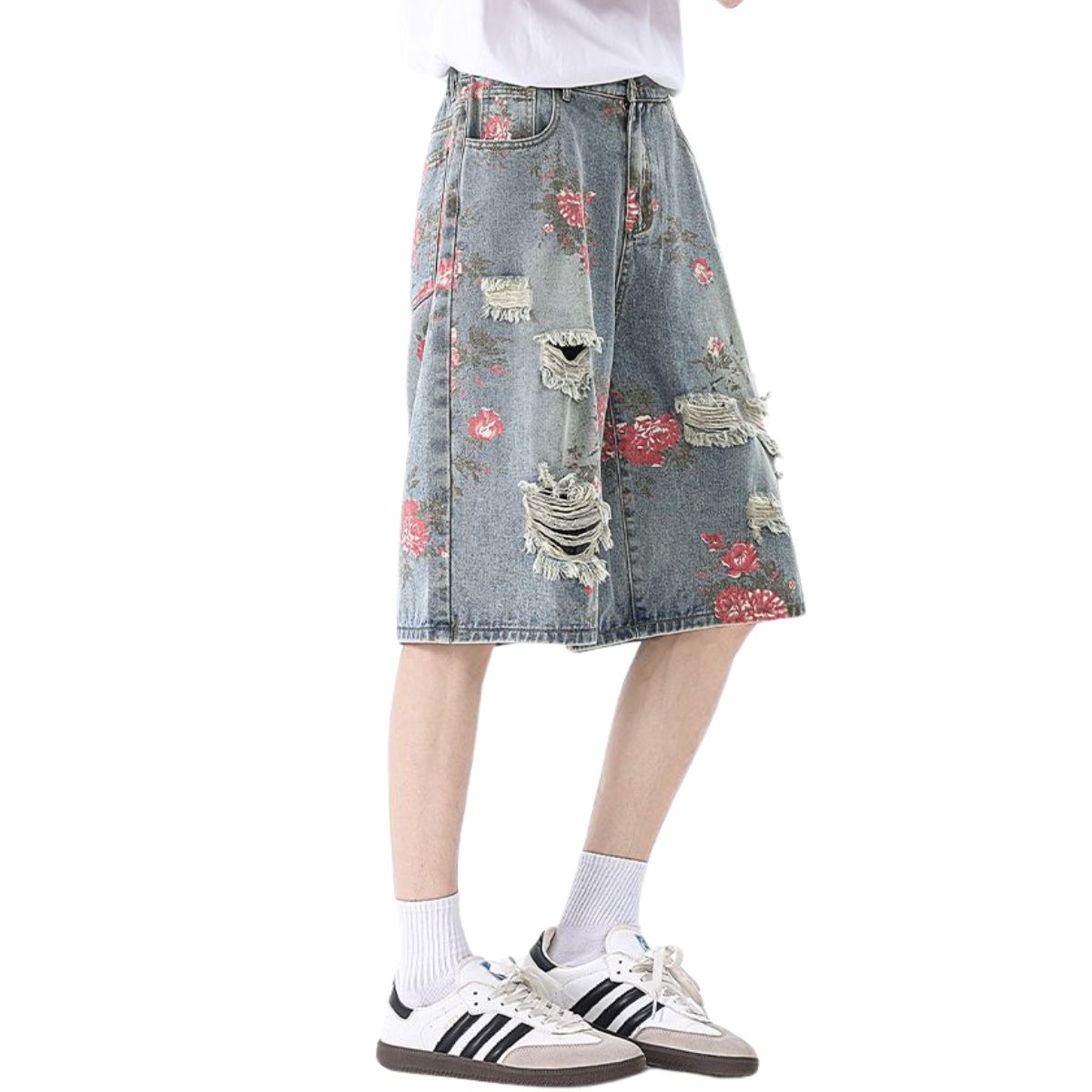 Bermudas vaqueras rasgadas con estampado floral