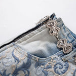 Raw-Edge Hem Heavily Embroidered Denim Skirt