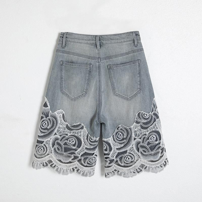 Pearl & Rhinestone Lace-Cut Denim Shorts