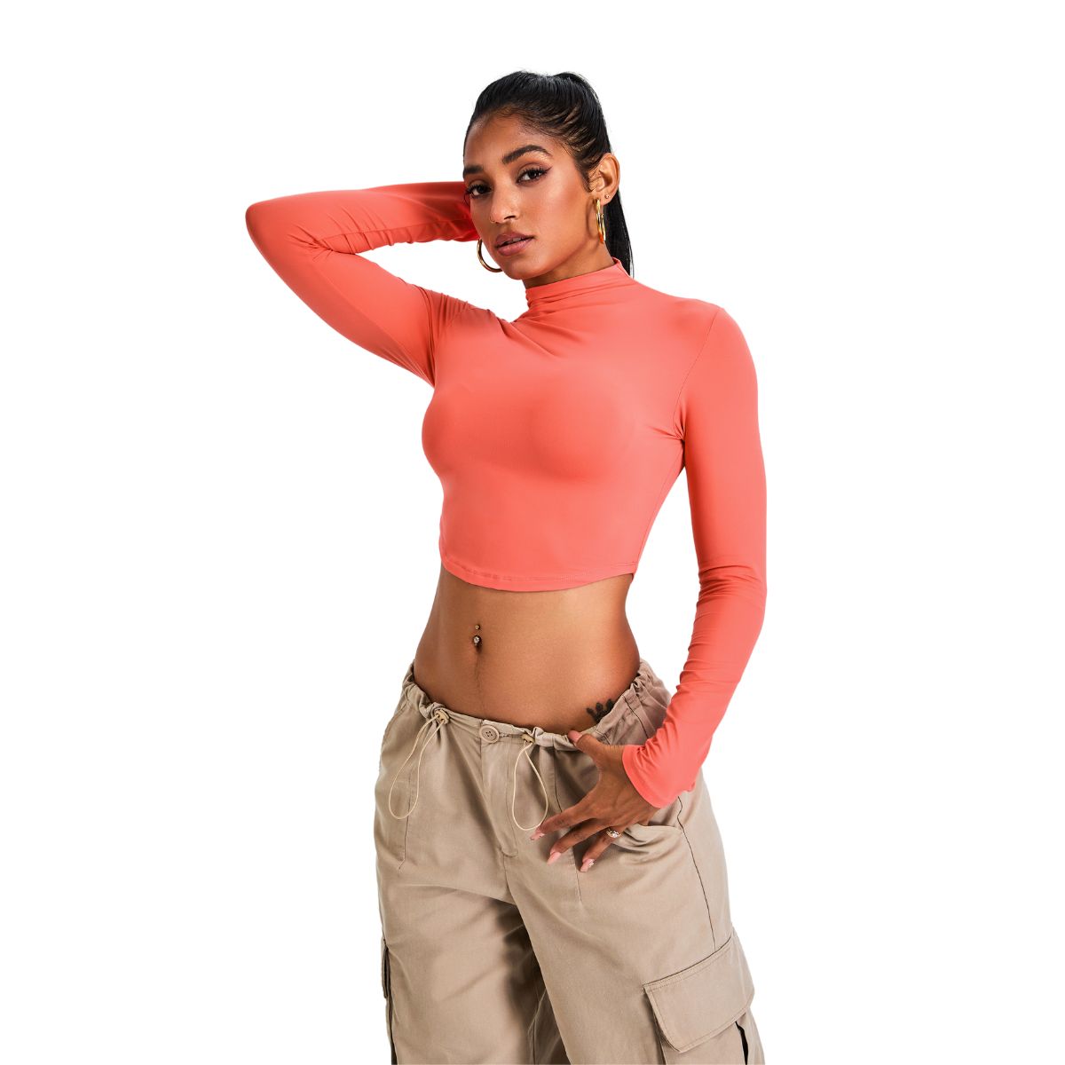 Mock Neck Curved-Hem Long-Sleeve Top