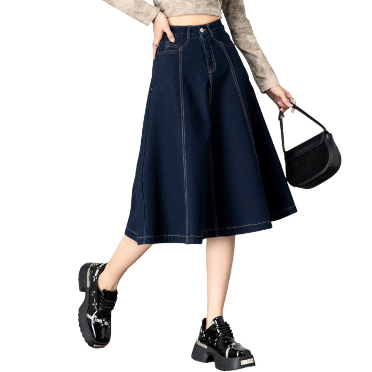 High-Waisted A-Line Knit Denim Skirt