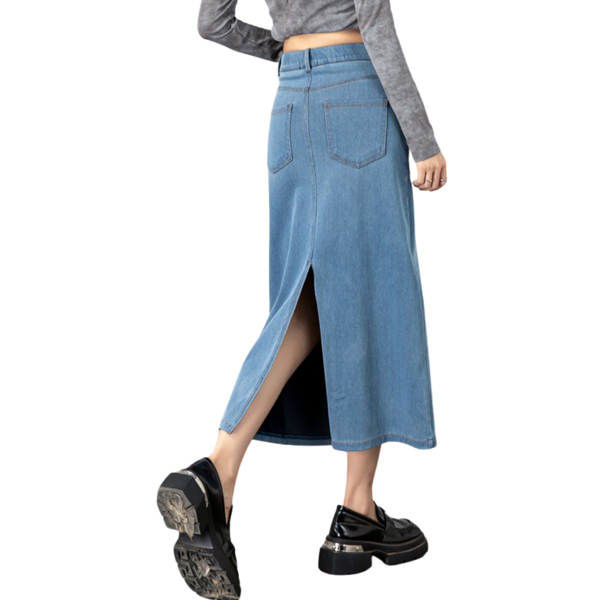 Women's Straight-Cut Jersey Denim Midi Skirt